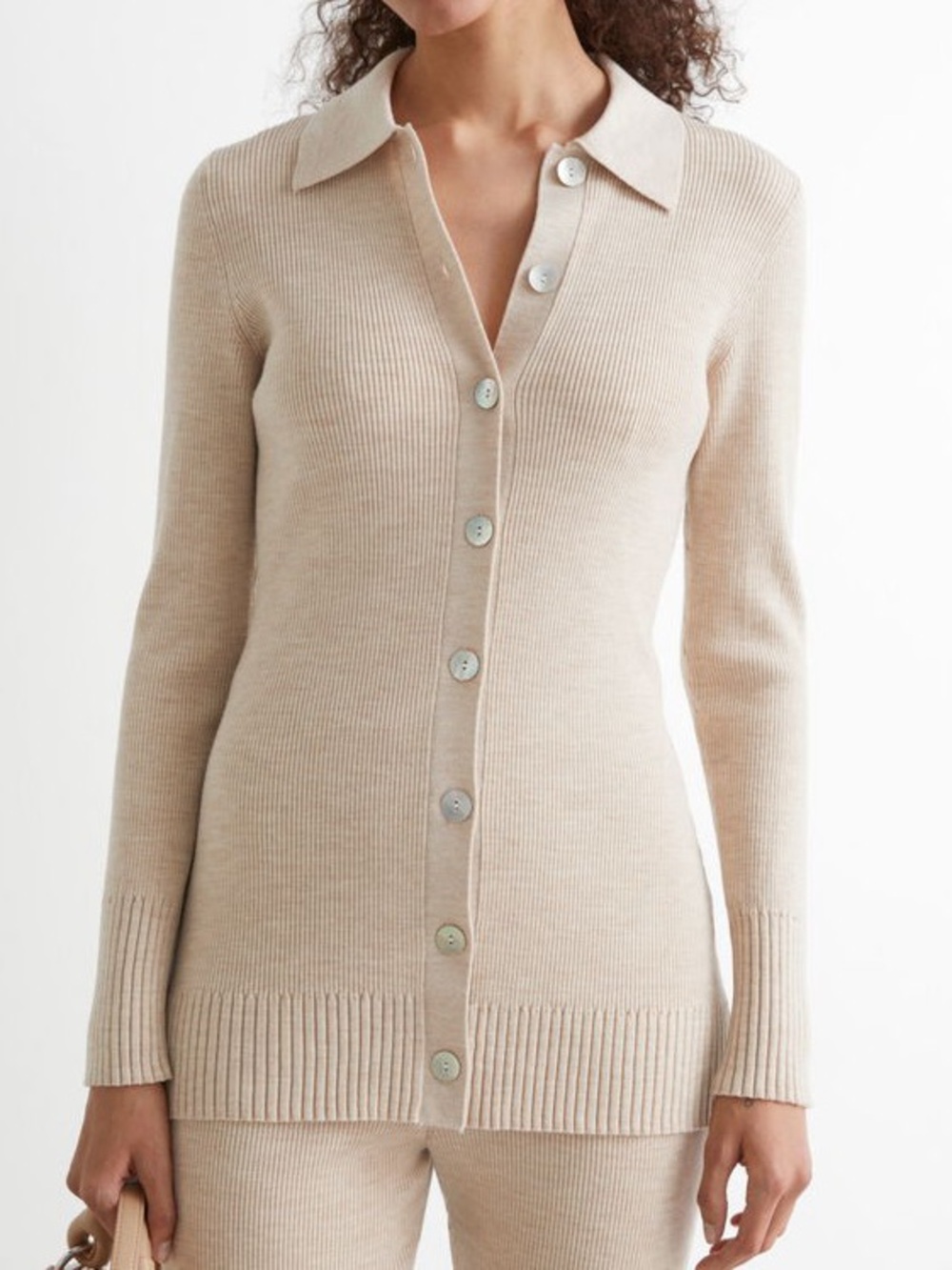 & Other Stories Wool Blend Long Fitted Ribbed Knit Collar Cardigan Beige XS
